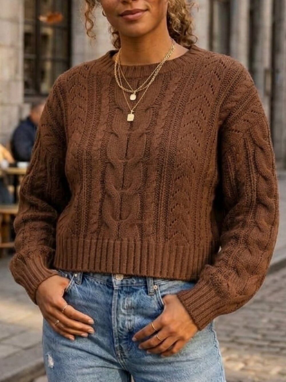 Pink Rose Taupe Chunky Cable Knit Cropped Sweater Size XS